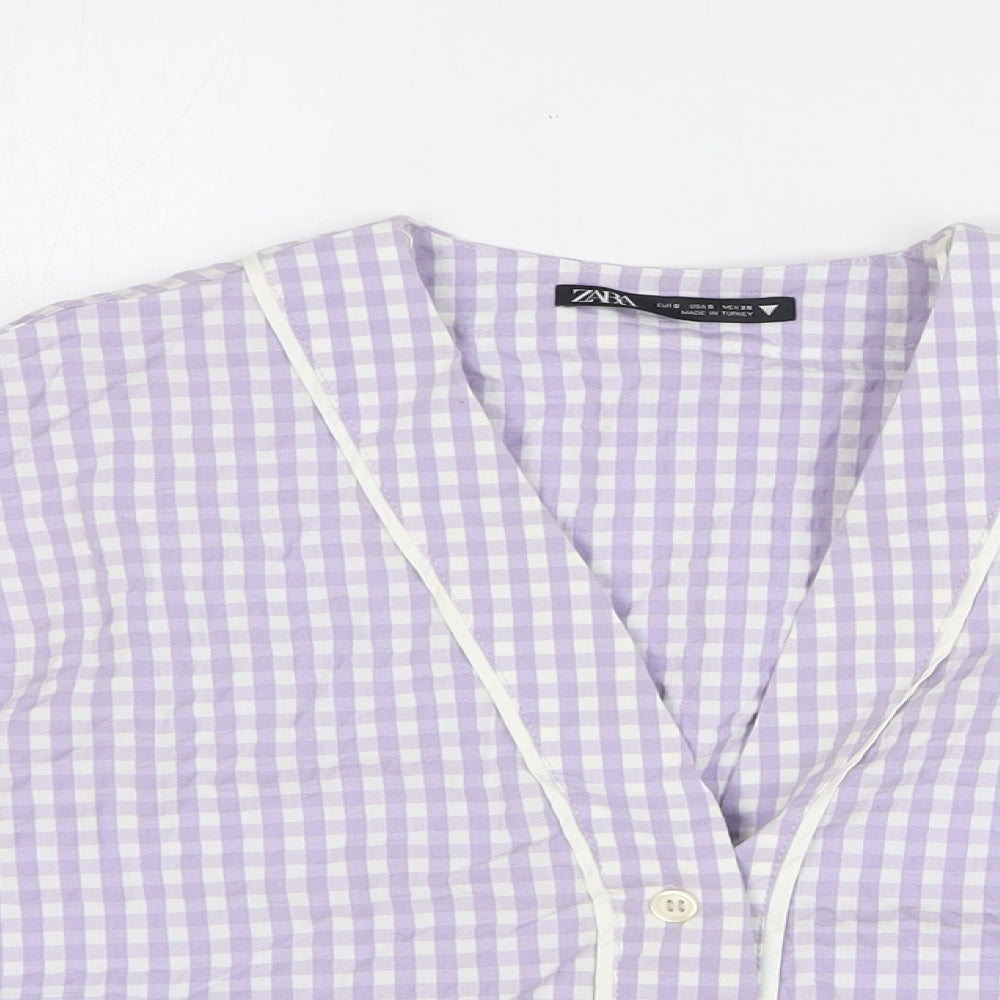 Zara Womens Purple Geometric Cotton Cropped Blouse Size S V-Neck