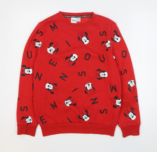 Front view of Disney women’s red geometric polyester pullover sweatshirt size 2xs pullover - minnie mouse