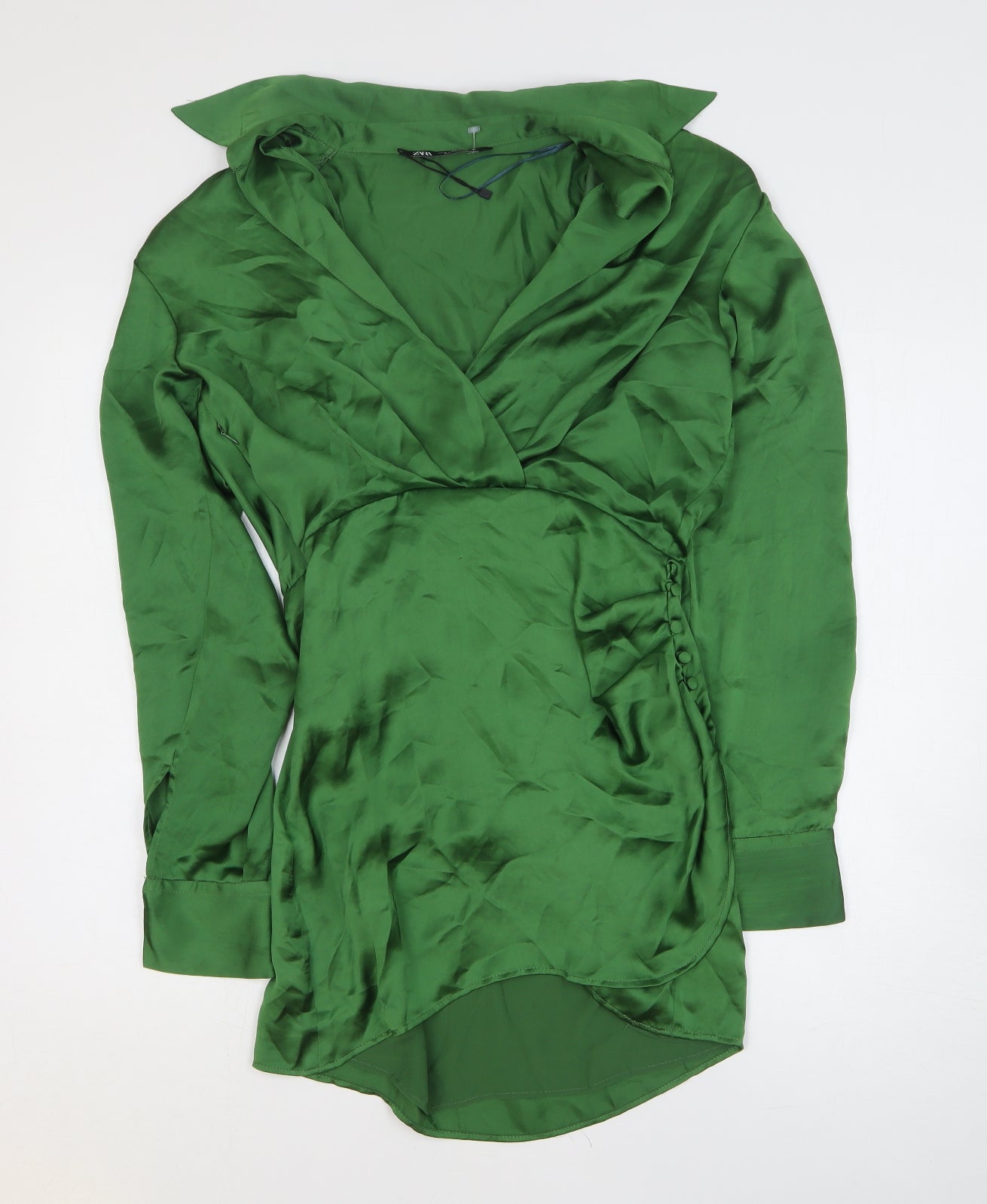 Zara Womens Green Polyester Shirt Dress Size M Collared Pullover