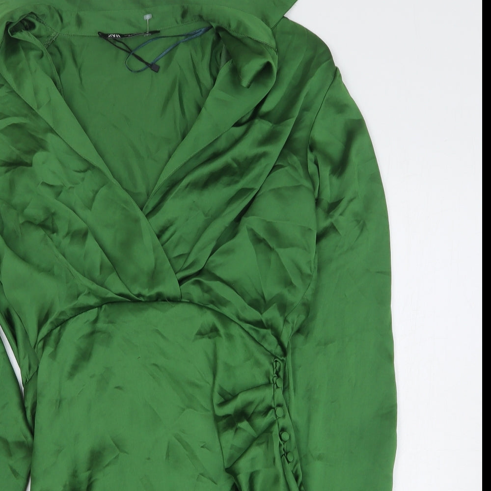 Zara Womens Green Polyester Shirt Dress Size M Collared Pullover
