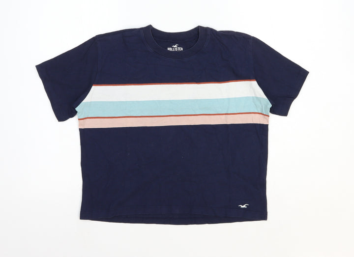Hollister Womens Blue Striped Polyester Cropped T-Shirt Size XS Round Neck