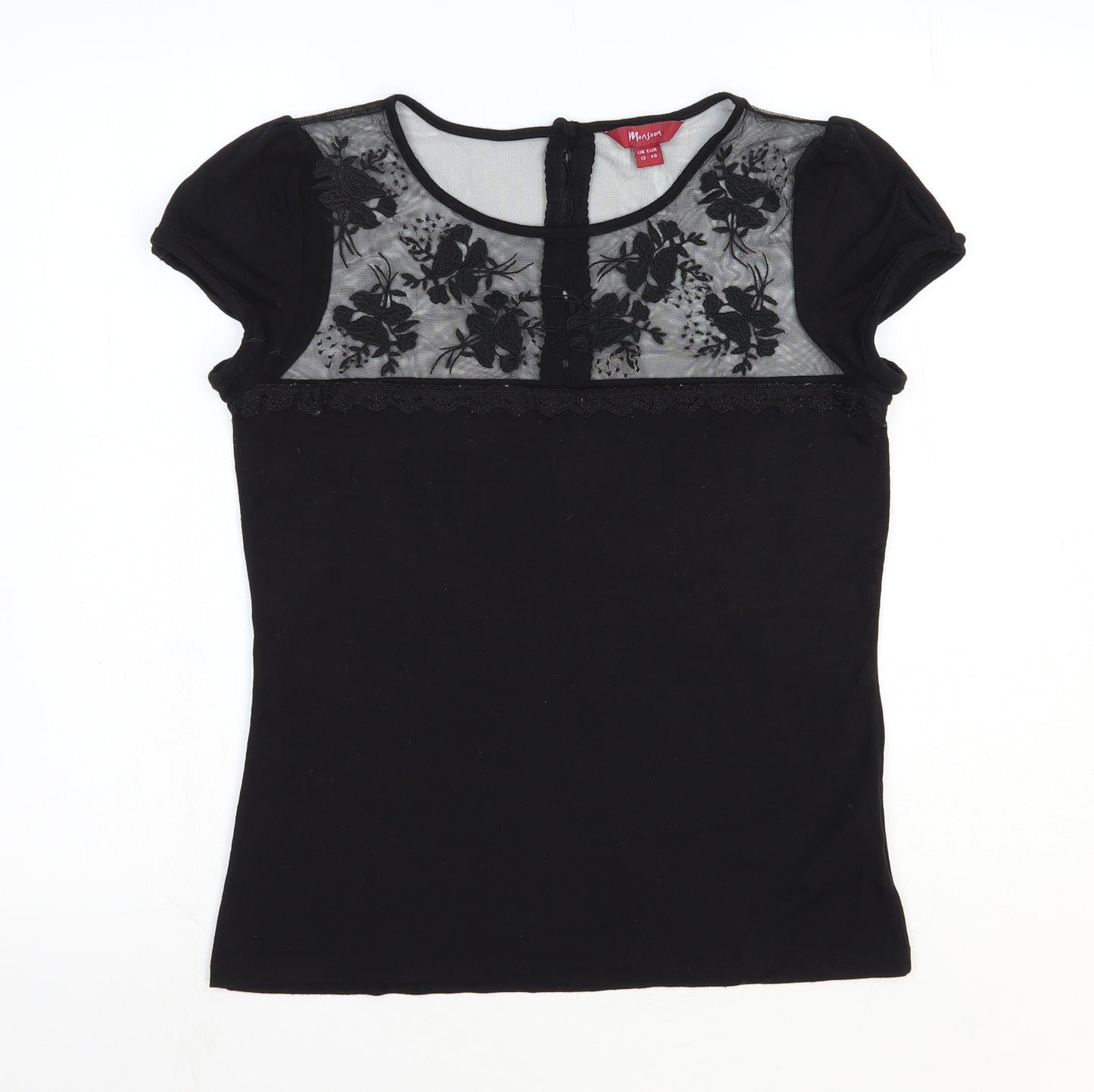Monsoon Womens Black Floral Viscose Basic T-Shirt Size 12 Boat Neck - Mesh Detail