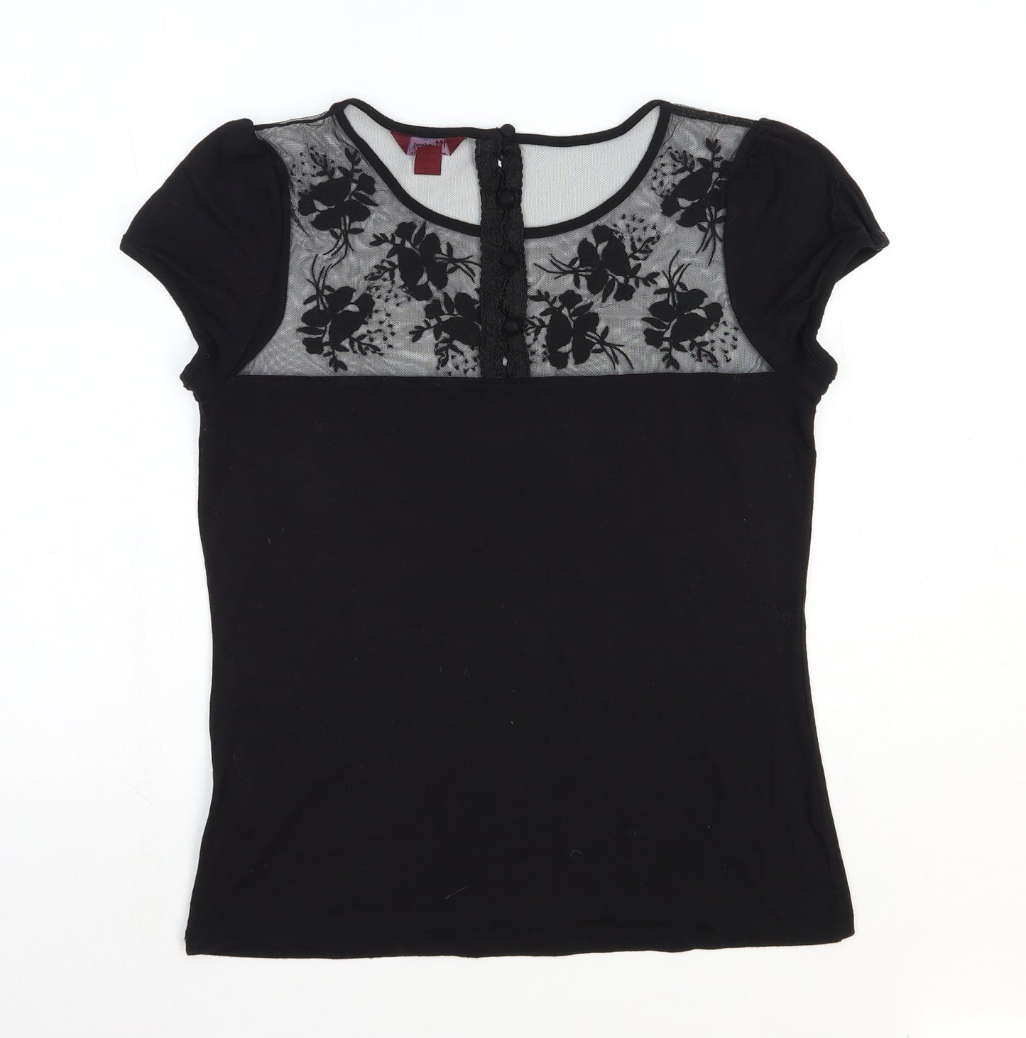 Monsoon Womens Black Floral Viscose Basic T-Shirt Size 12 Boat Neck - Mesh Detail