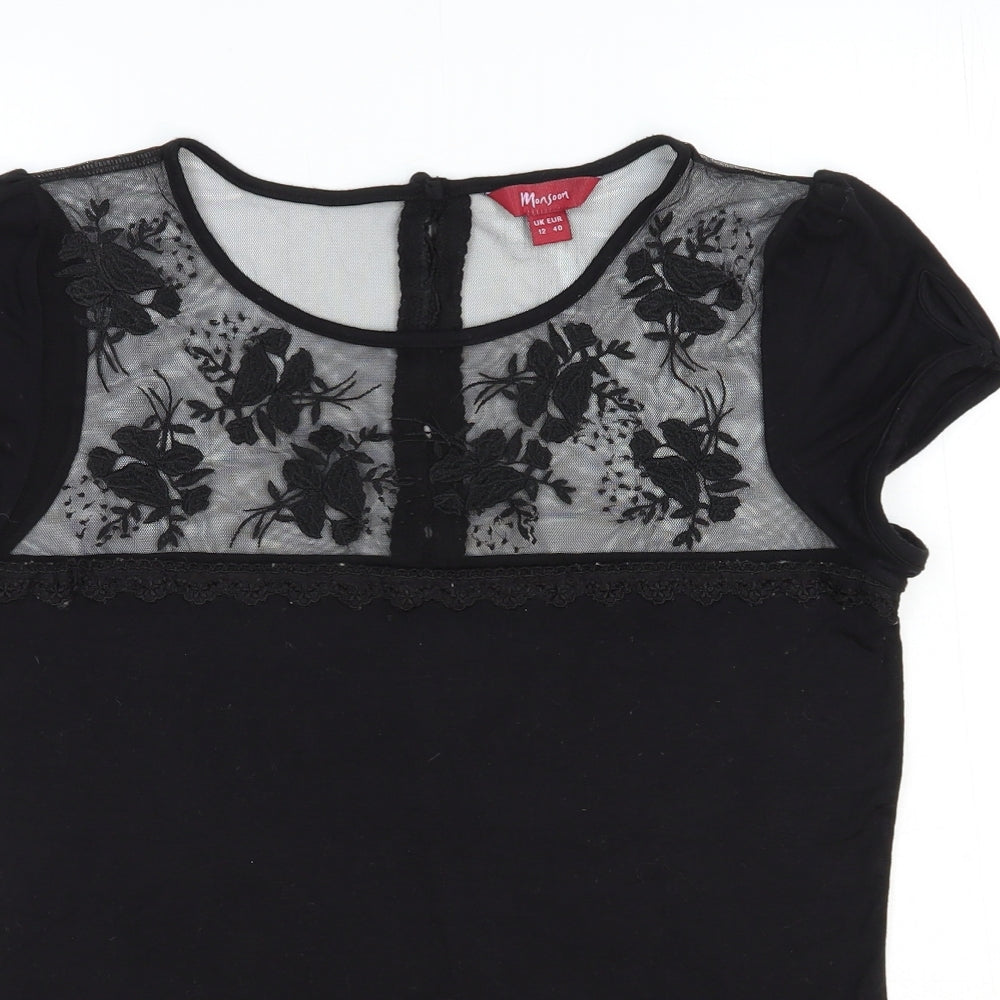 Monsoon Womens Black Floral Viscose Basic T-Shirt Size 12 Boat Neck - Mesh Detail