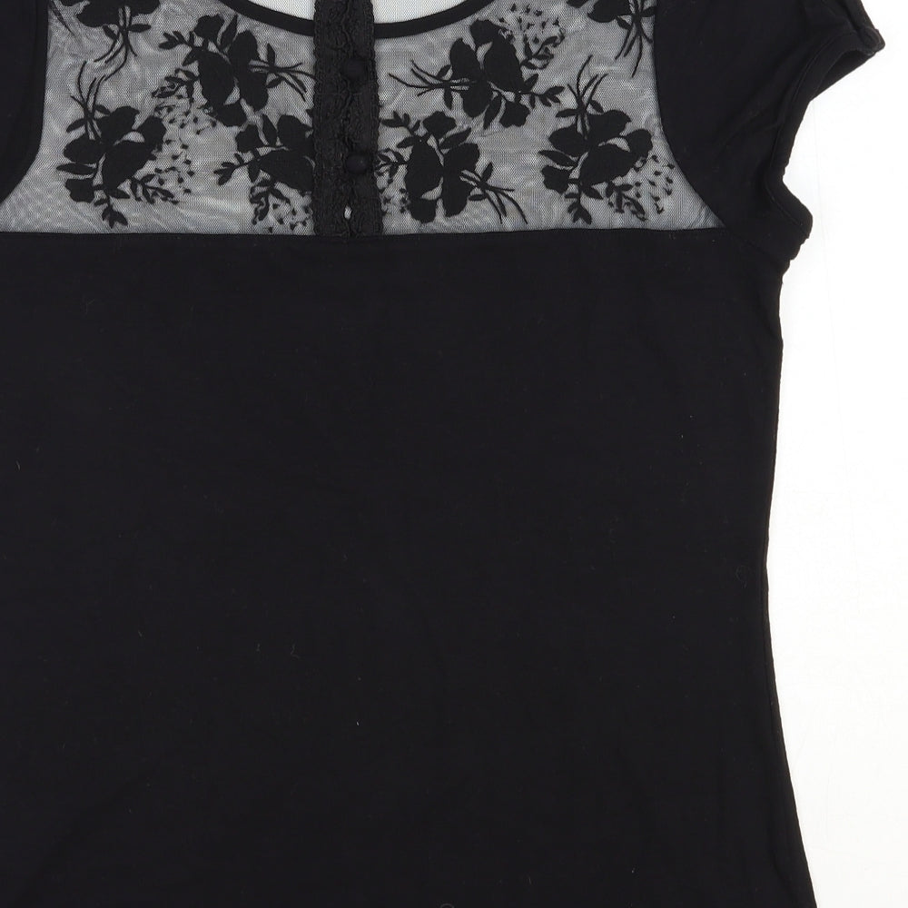Monsoon Womens Black Floral Viscose Basic T-Shirt Size 12 Boat Neck - Mesh Detail