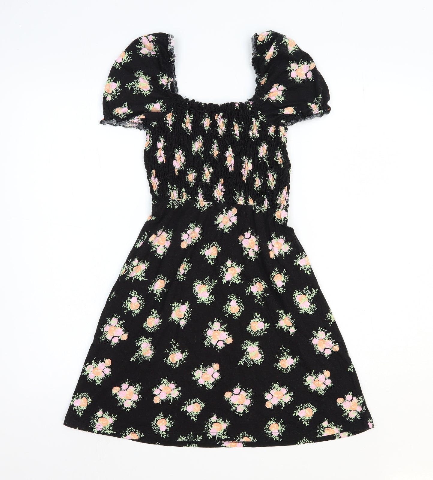 Miss Selfridge Womens Black Floral 100% Cotton Fit & Flare Size 8 Square Neck Pullover