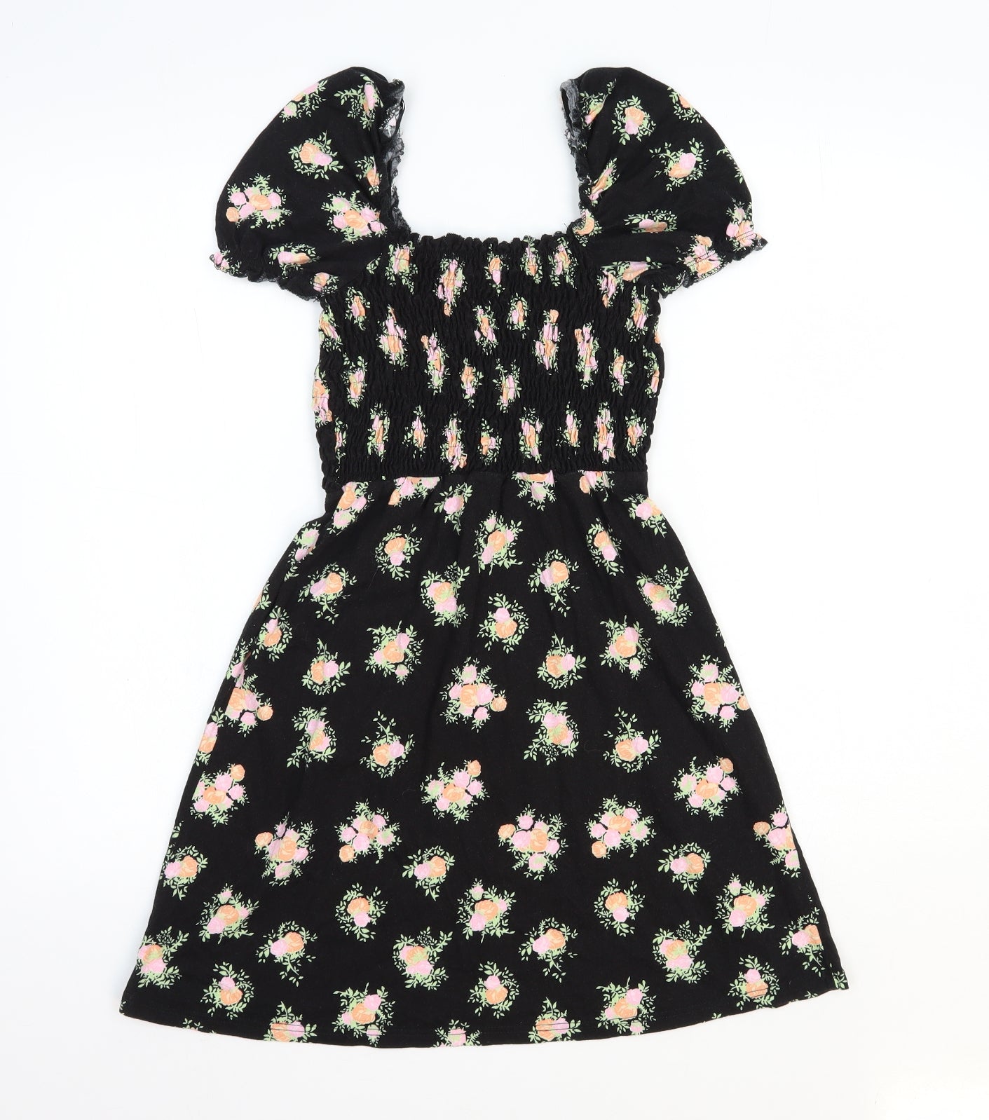 Miss Selfridge Womens Black Floral 100% Cotton Fit & Flare Size 8 Square Neck Pullover