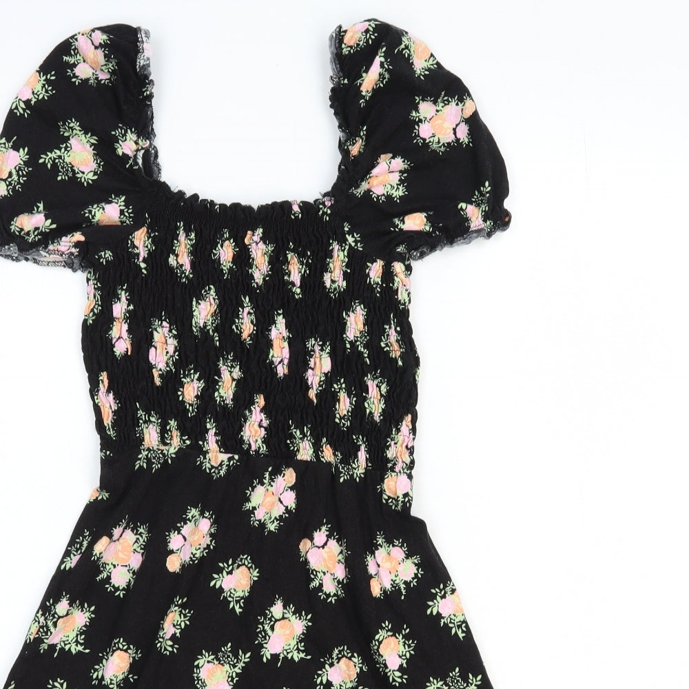 Miss Selfridge Womens Black Floral 100% Cotton Fit & Flare Size 8 Square Neck Pullover