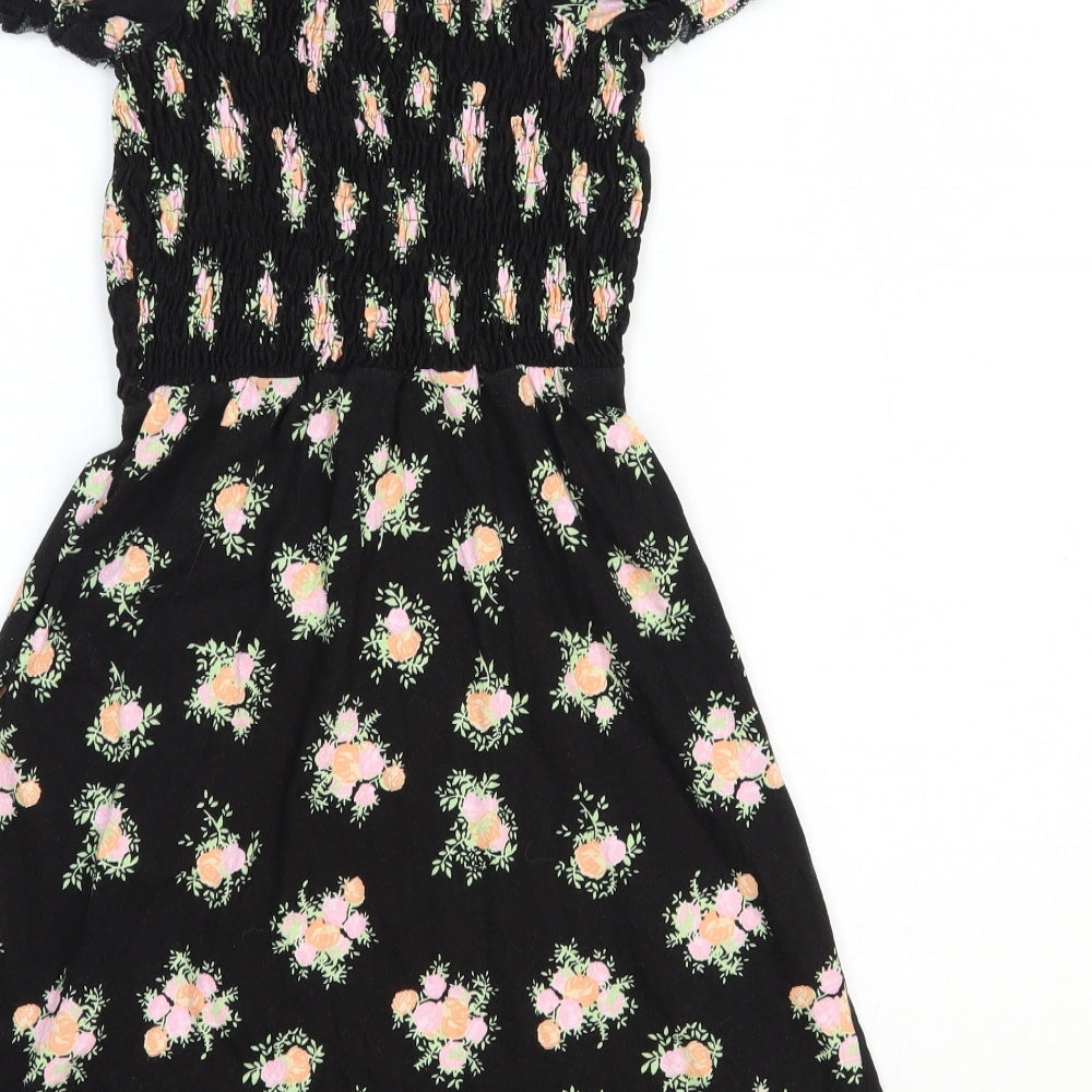 Miss Selfridge Womens Black Floral 100% Cotton Fit & Flare Size 8 Square Neck Pullover
