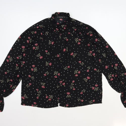 In the Style Womens Black Floral Polyester Basic Button-Up Size 6 Round Neck