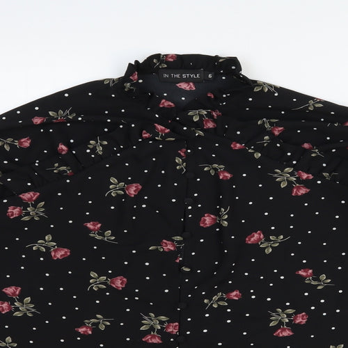 In the Style Womens Black Floral Polyester Basic Button-Up Size 6 Round Neck