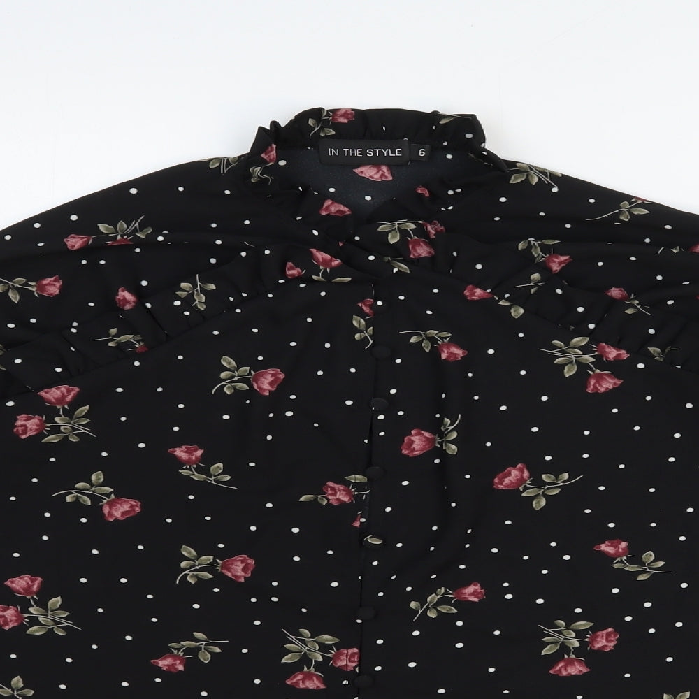In the Style Womens Black Floral Polyester Basic Button-Up Size 6 Round Neck