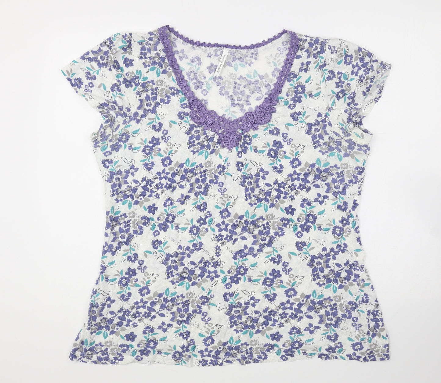 Marks and Spencer Womens White Floral Cotton Basic T-Shirt Size 18 V-Neck - Lace Detail