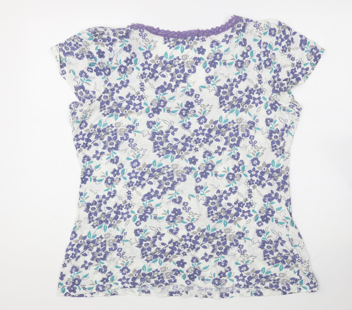 Marks and Spencer Womens White Floral Cotton Basic T-Shirt Size 18 V-Neck - Lace Detail