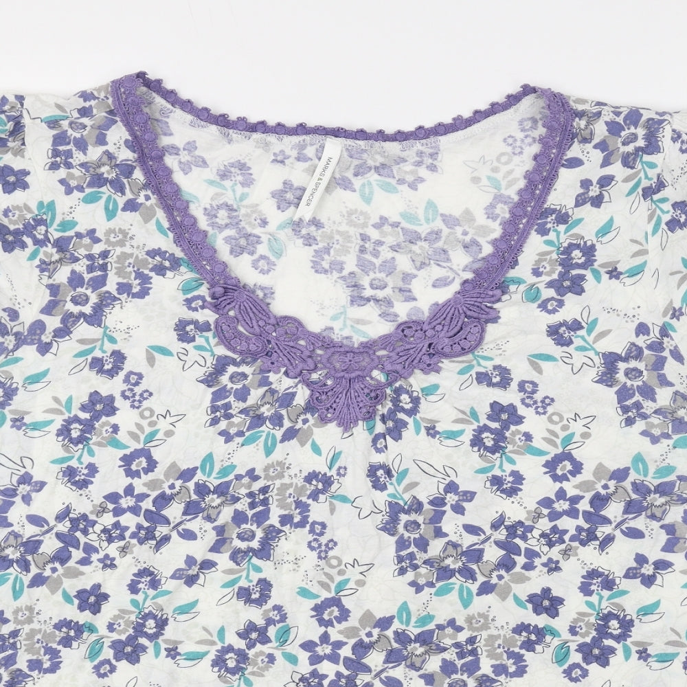 Marks and Spencer Womens White Floral Cotton Basic T-Shirt Size 18 V-Neck - Lace Detail