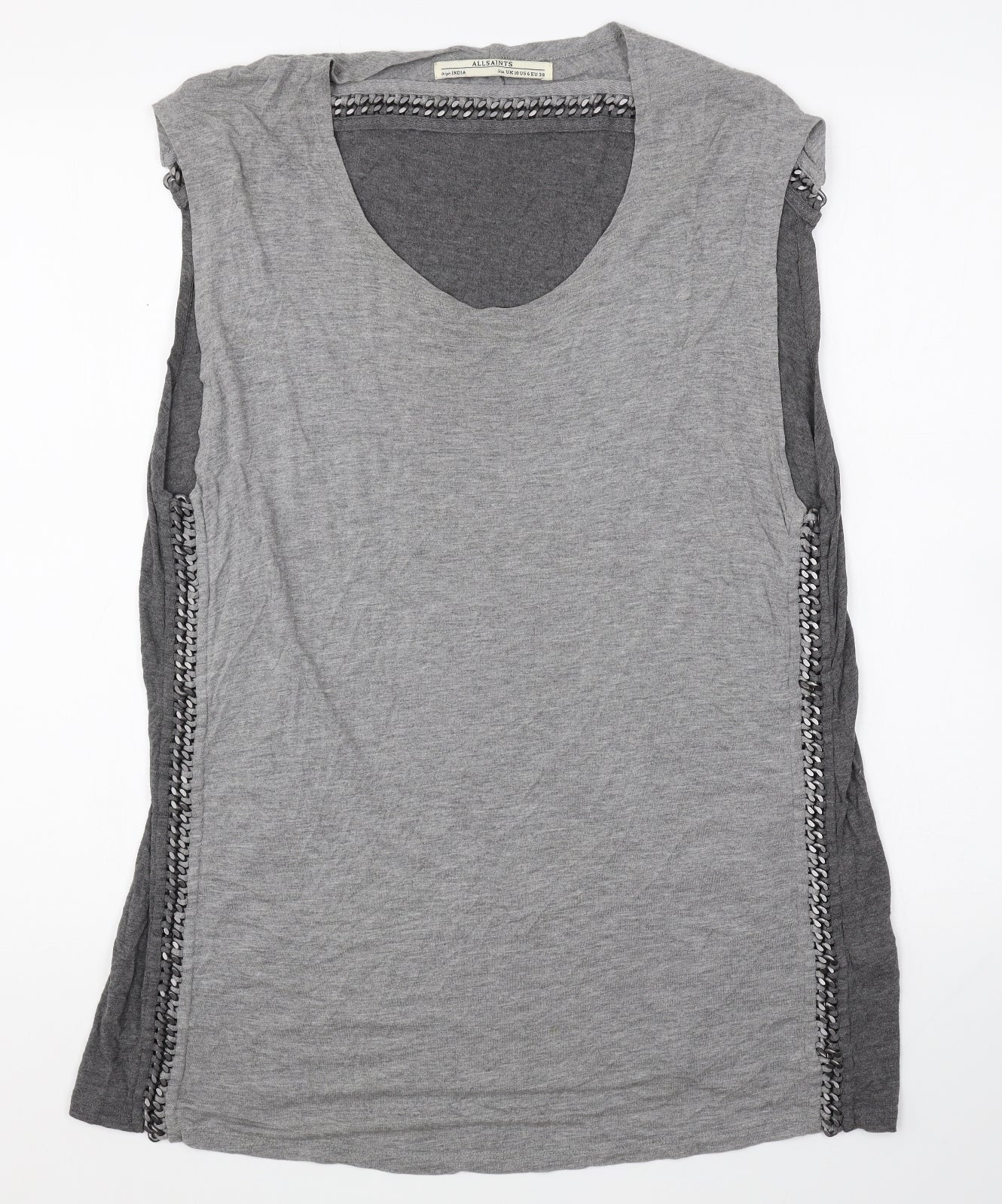 AllSaints Womens Grey Cotton Basic Tank Size 10 Round Neck - Chain detail