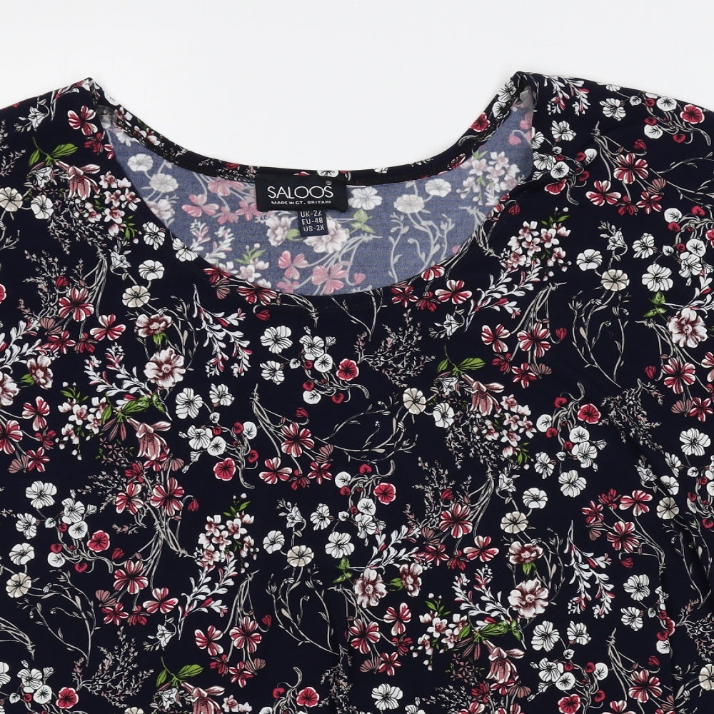 Saloos Womens Blue Floral Polyester Basic T-Shirt Size 22 Round Neck