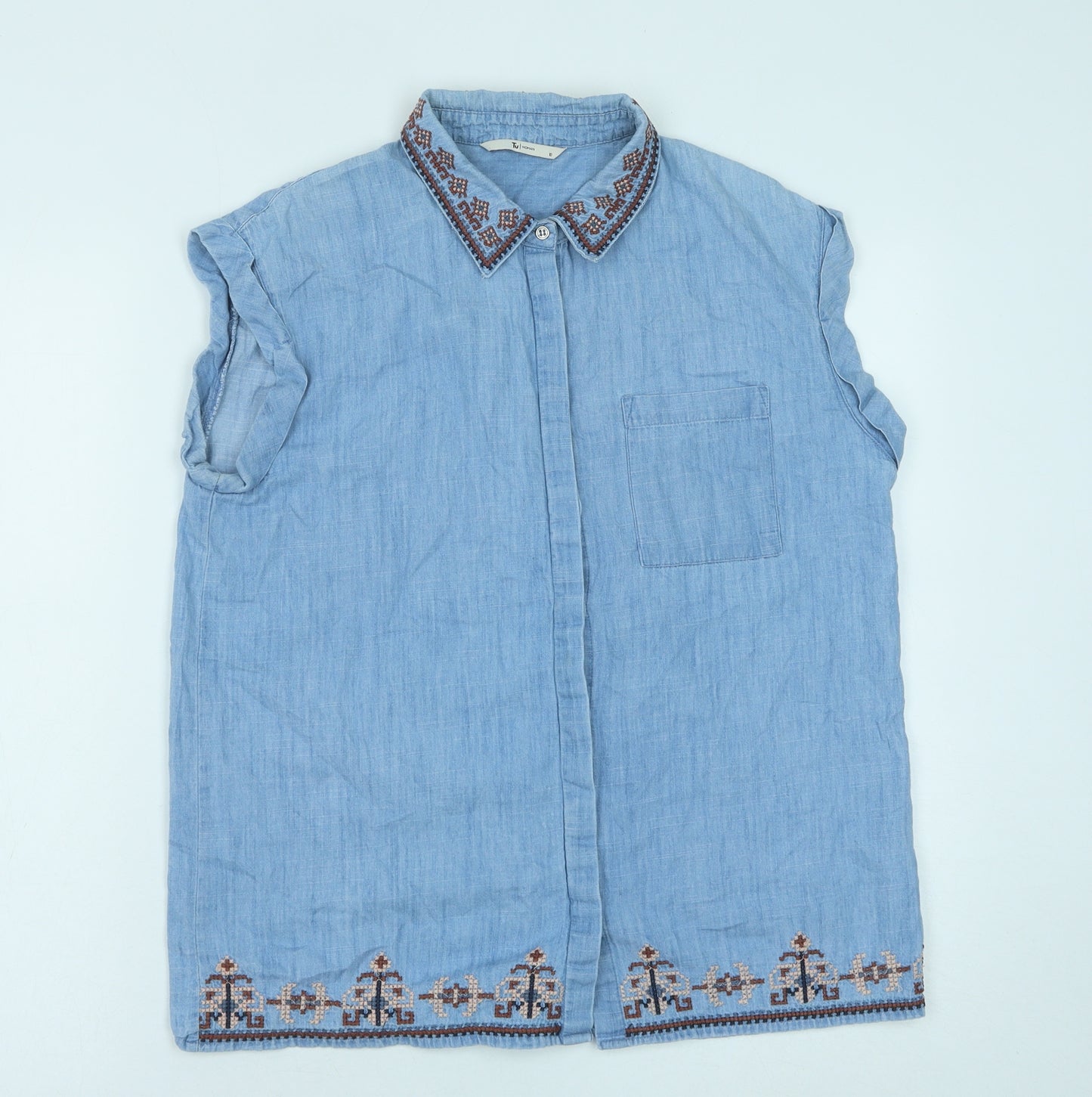 TU Womens Blue Cotton Basic Button-Up Size 10 Collared