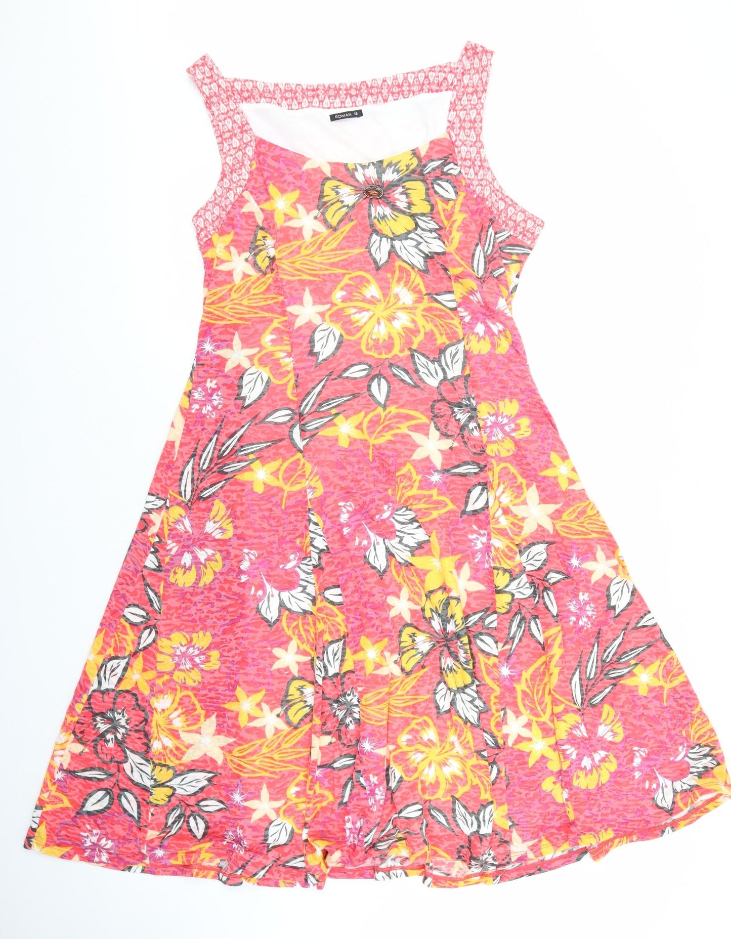 Roman Womens Red Floral Polyester A-Line Size 18 Boat Neck Pullover