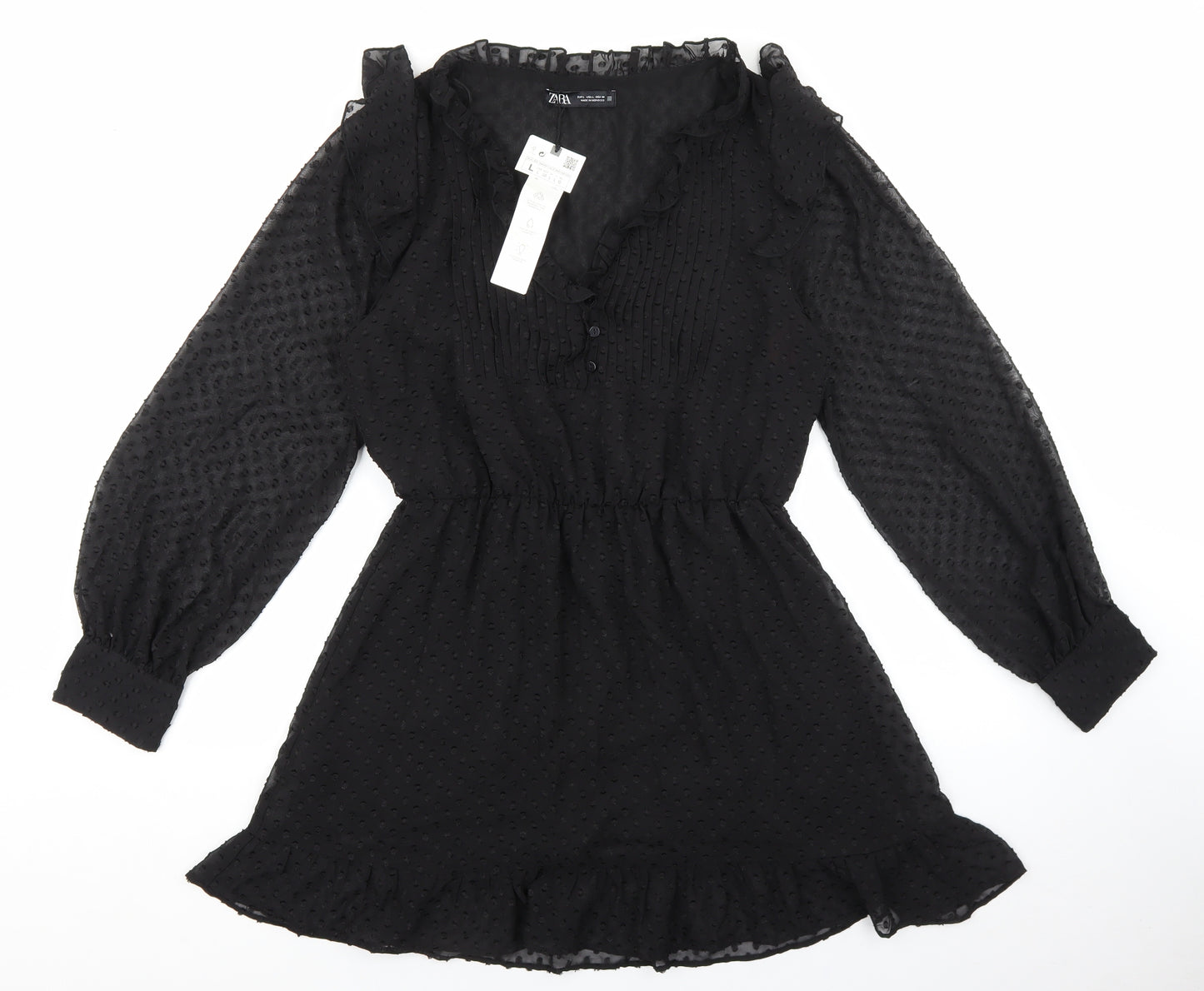 Zara Womens Black Polyester Fit & Flare Size L V-Neck Button