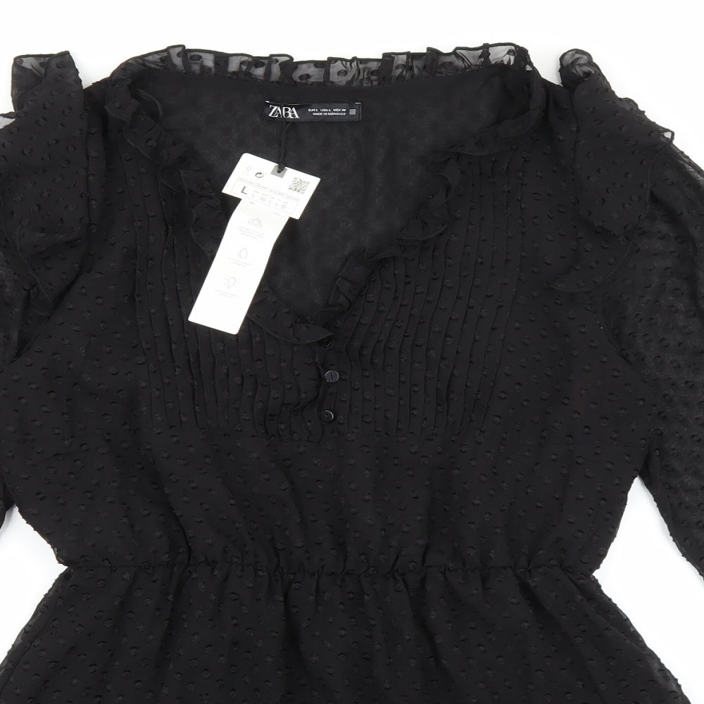 Zara Womens Black Polyester Fit & Flare Size L V-Neck Button