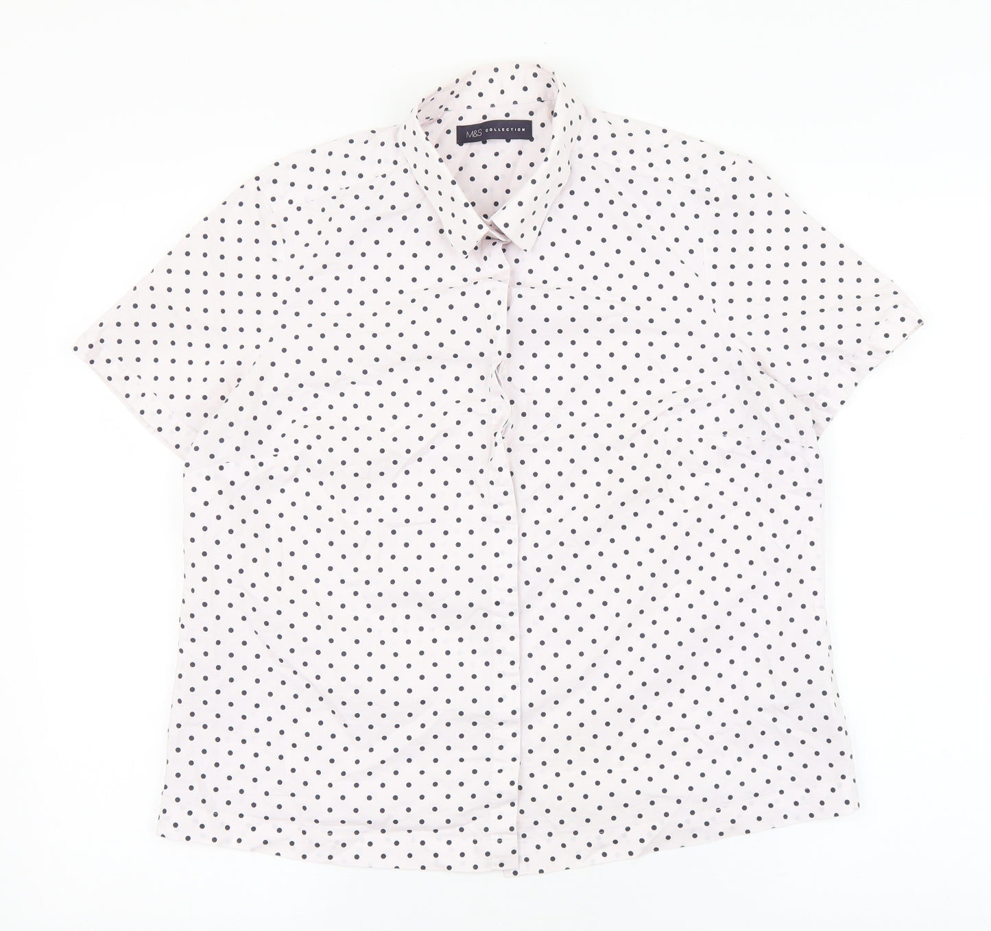 Marks and Spencer Womens White Polka Dot Cotton Basic Button-Up Size 14 Collared