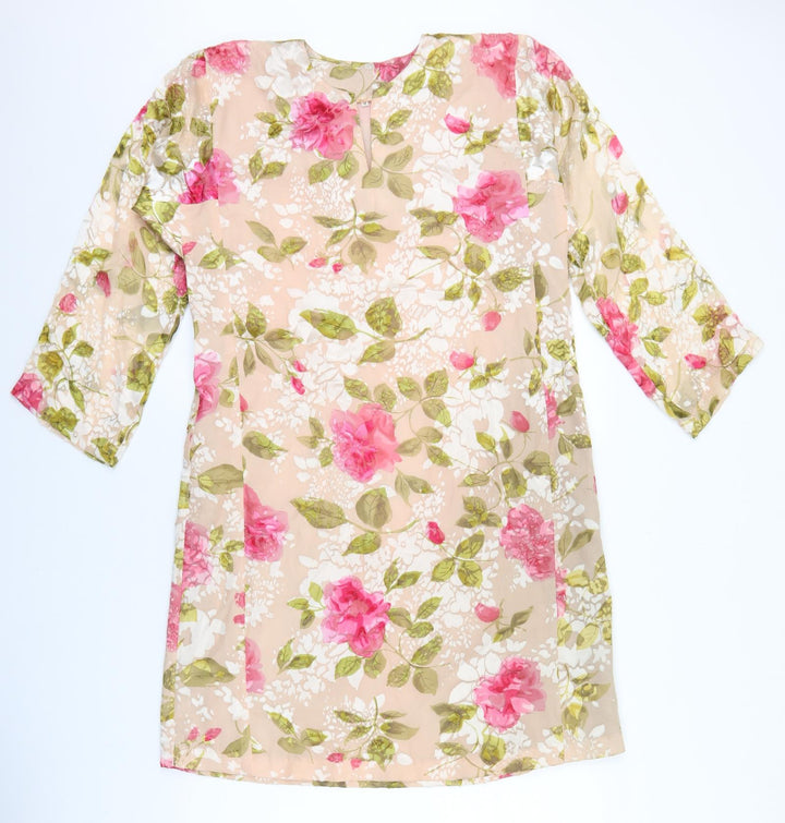 Preworn Womens Pink Floral Polyester Shift Size M Round Neck Pullover