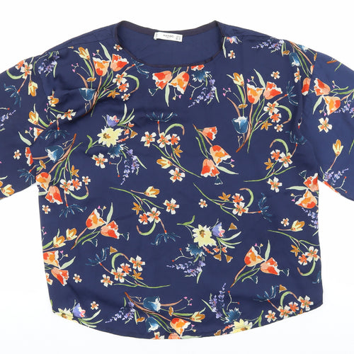 Mango Womens Blue Polyester Basic Blouse Size S Round Neck