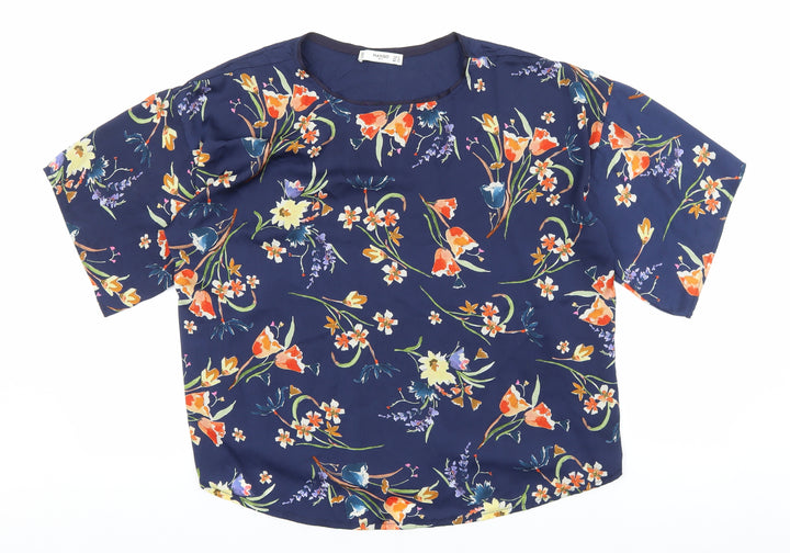 Mango Womens Blue Polyester Basic Blouse Size S Round Neck