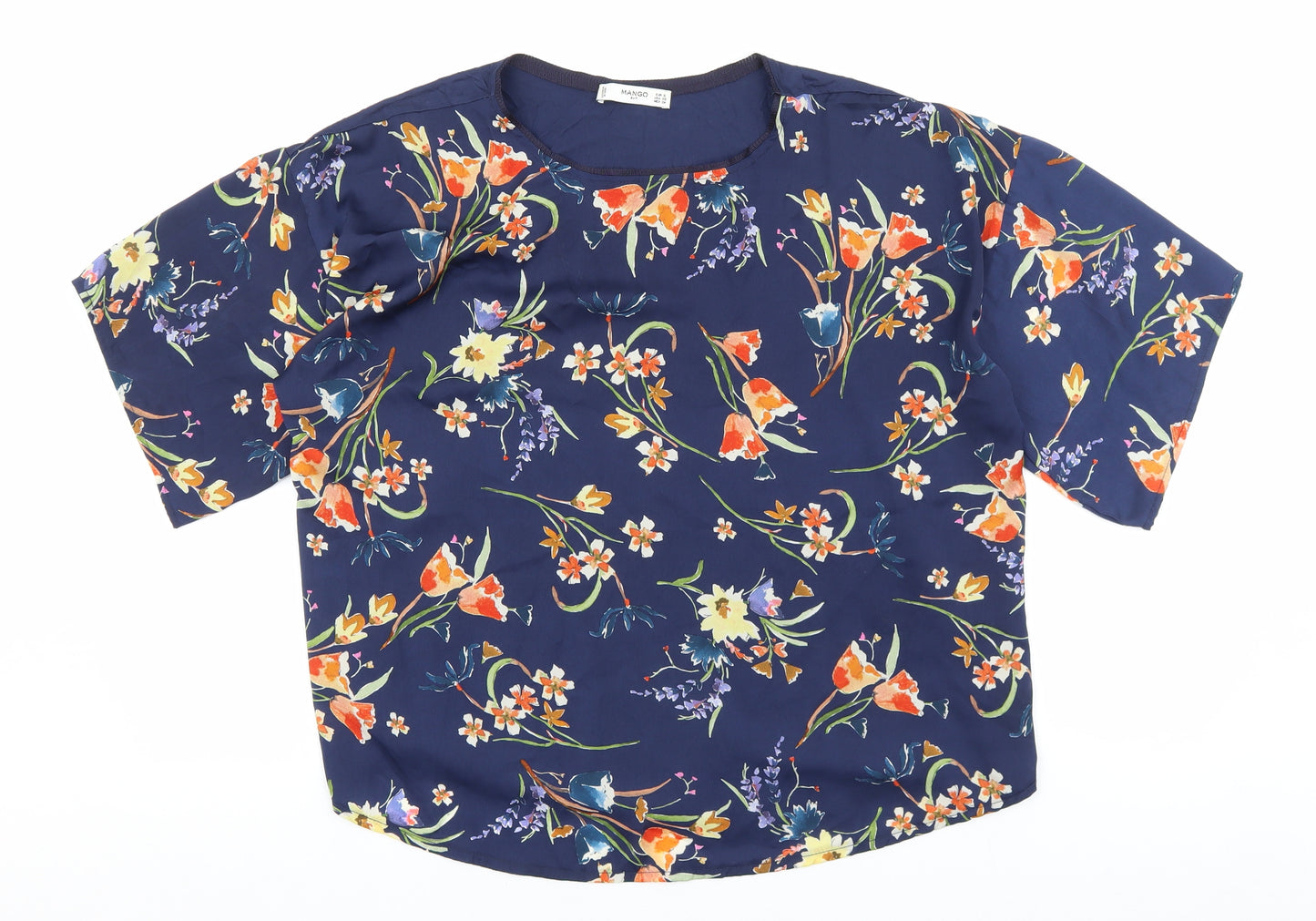 Mango Womens Blue Polyester Basic Blouse Size S Round Neck