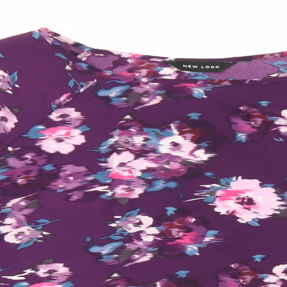 New Look Womens Purple Floral Polyester Basic Blouse Size 10 Round Neck