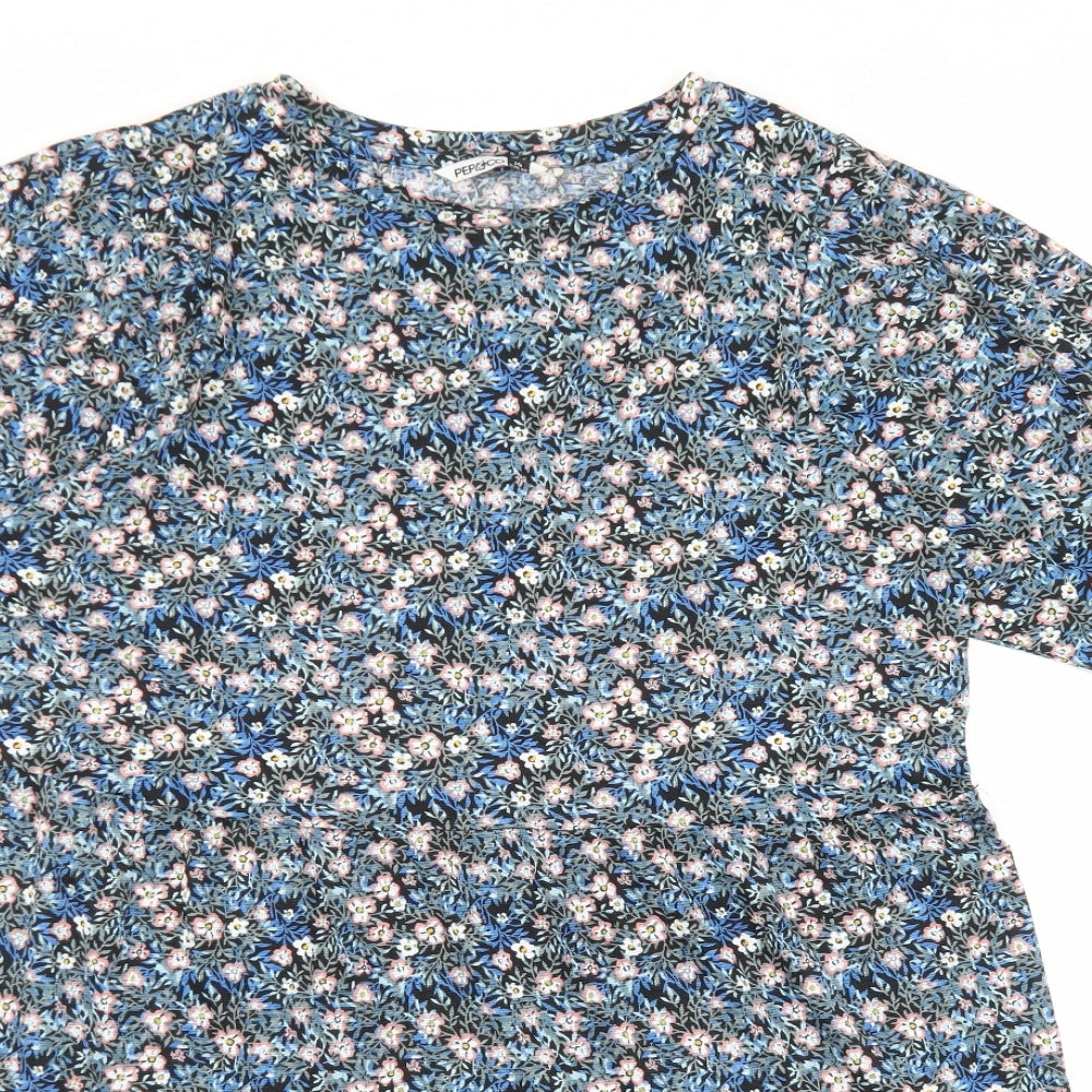 PEP&CO Womens Blue Floral Polyester A-Line Size 14 Round Neck Pullover