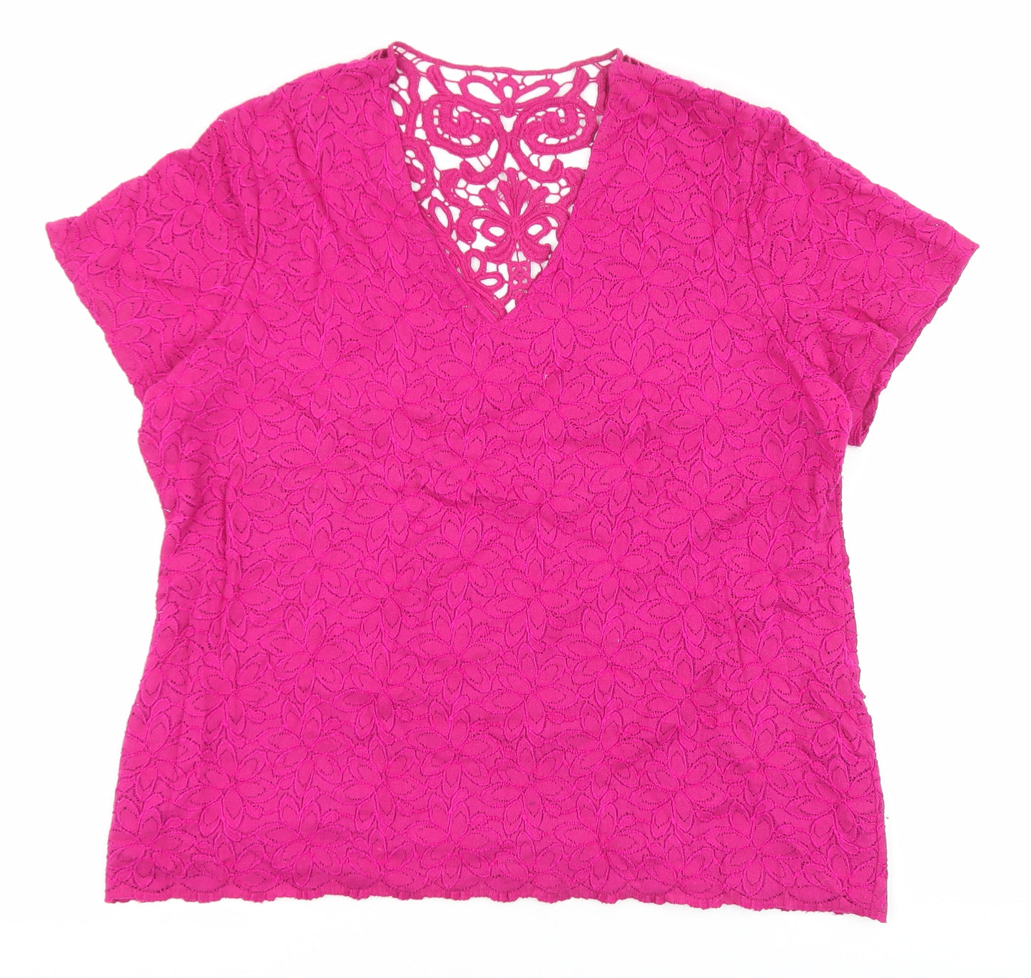 Marks and Spencer Womens Pink Floral Cotton Basic T-Shirt Size 16 V-Neck