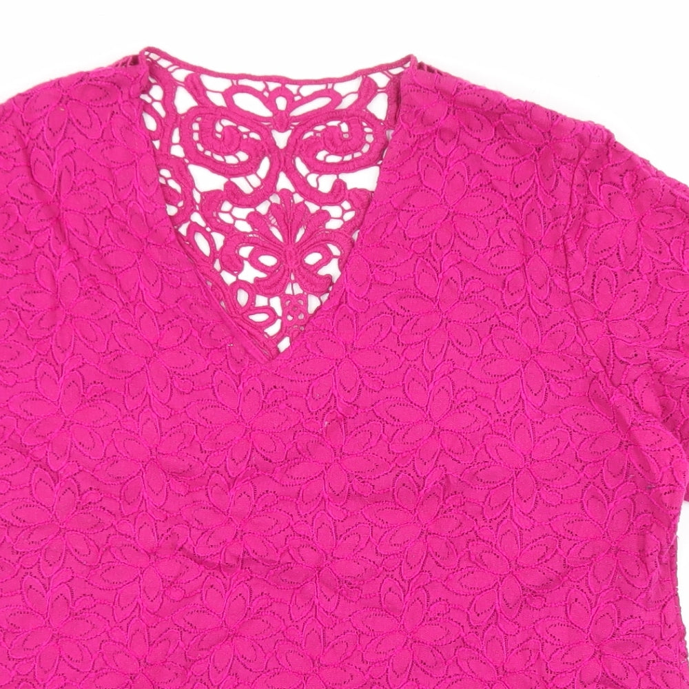Marks and Spencer Womens Pink Floral Cotton Basic T-Shirt Size 16 V-Neck