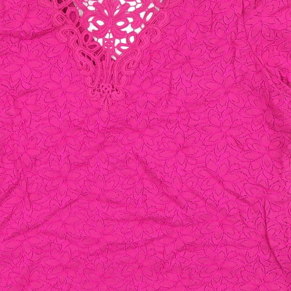 Marks and Spencer Womens Pink Floral Cotton Basic T-Shirt Size 16 V-Neck