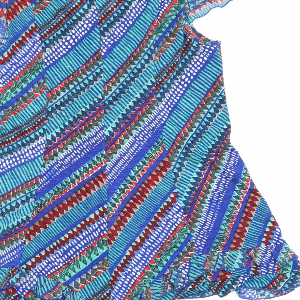 Marks and Spencer Womens Blue Geometric Polyester Basic Blouse Size 14 Scoop Neck