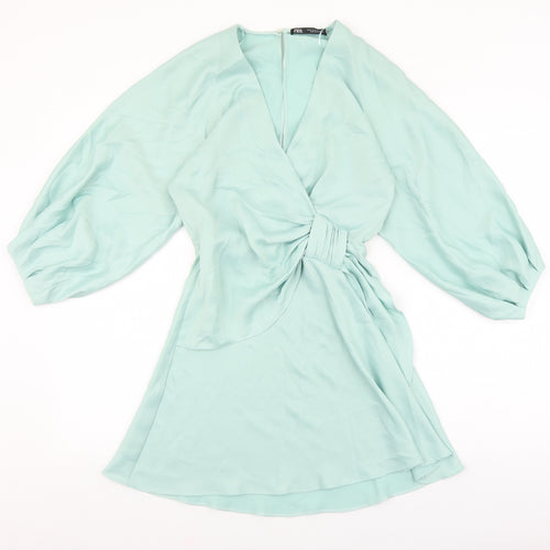 Zara Womens Green Polyester Fit & Flare Size XS V-Neck Button