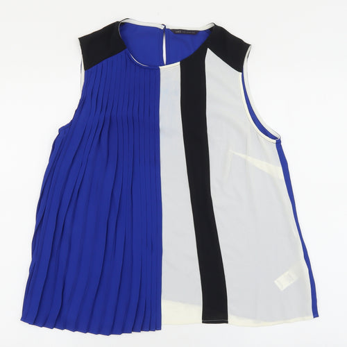 Marks and Spencer Womens Blue Geometric Polyester Basic Tank Size 12 Round Neck - Pleated front detail