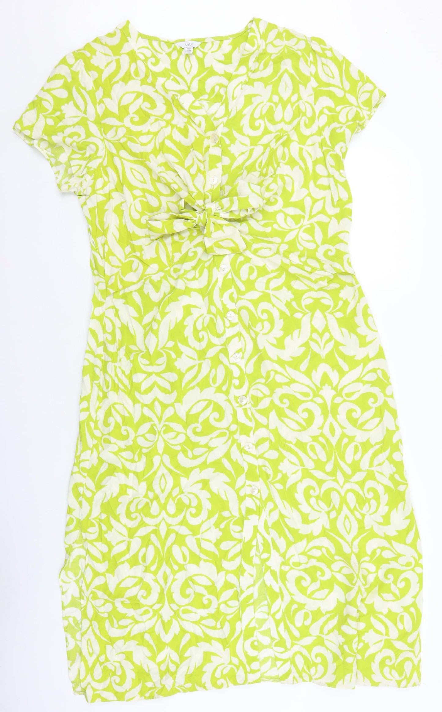 M&Co Womens Green Geometric Viscose Pencil Dress Size 18 V-Neck Button