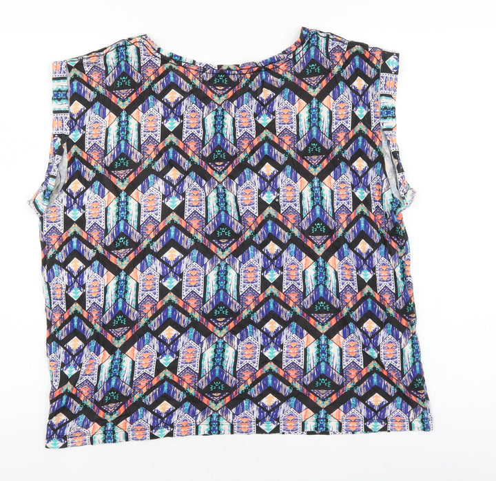 New Look Womens Multicoloured Geometric Cotton Basic T-Shirt Size 14 Round Neck