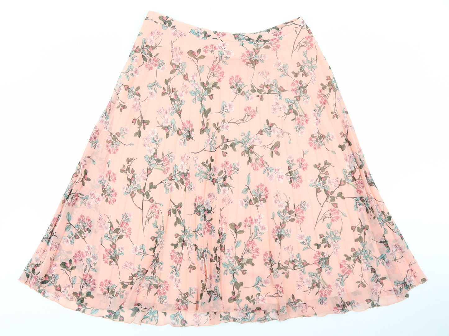 Marks and Spencer Womens Pink Floral Polyester Flare Skirt Size 14 Zip