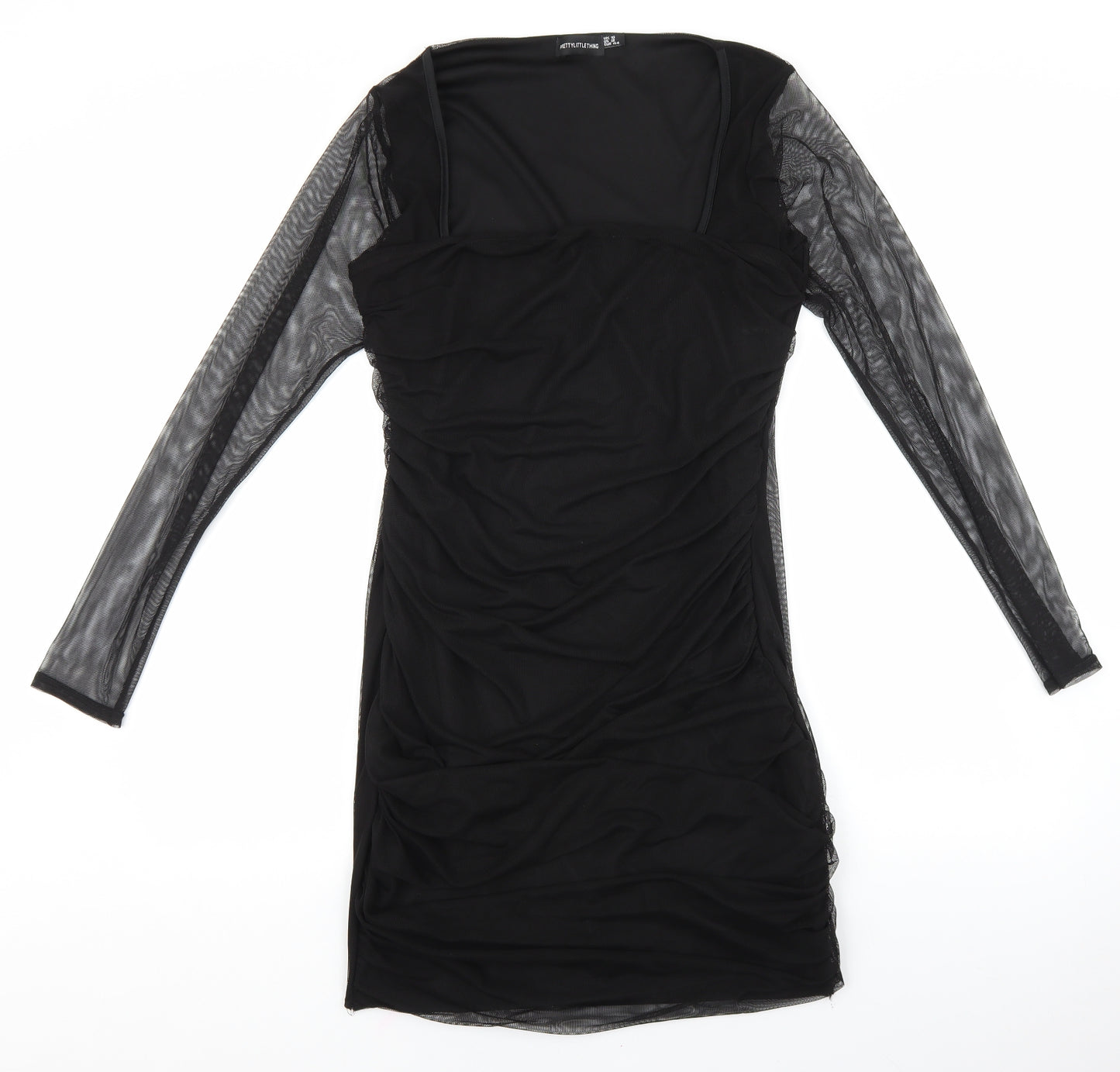 PRETTYLITTLETHING Womens Black Polyester Bodycon Size 16 Square Neck Pullover - Mesh Sleeves