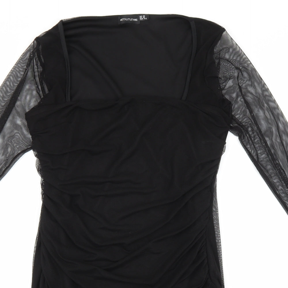 PRETTYLITTLETHING Womens Black Polyester Bodycon Size 16 Square Neck Pullover - Mesh Sleeves