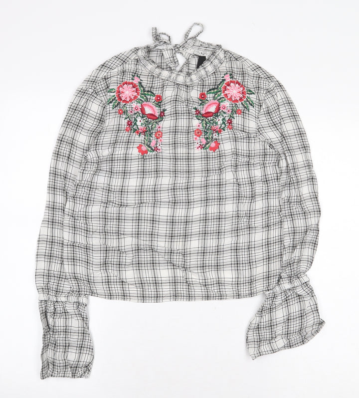 H&M Womens White Paisley Viscose Basic Blouse Size 8 Round Neck - Flower Detail