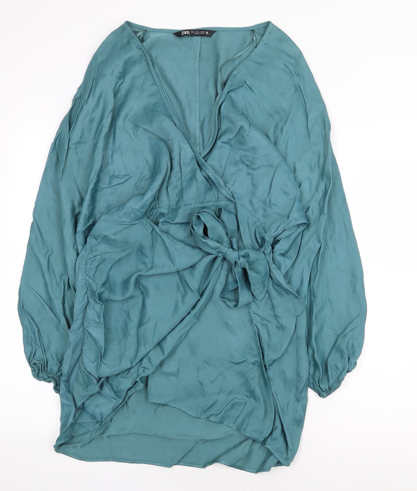 Zara Womens Green Viscose Sheath Size L V-Neck Tie - Tie Side Detail