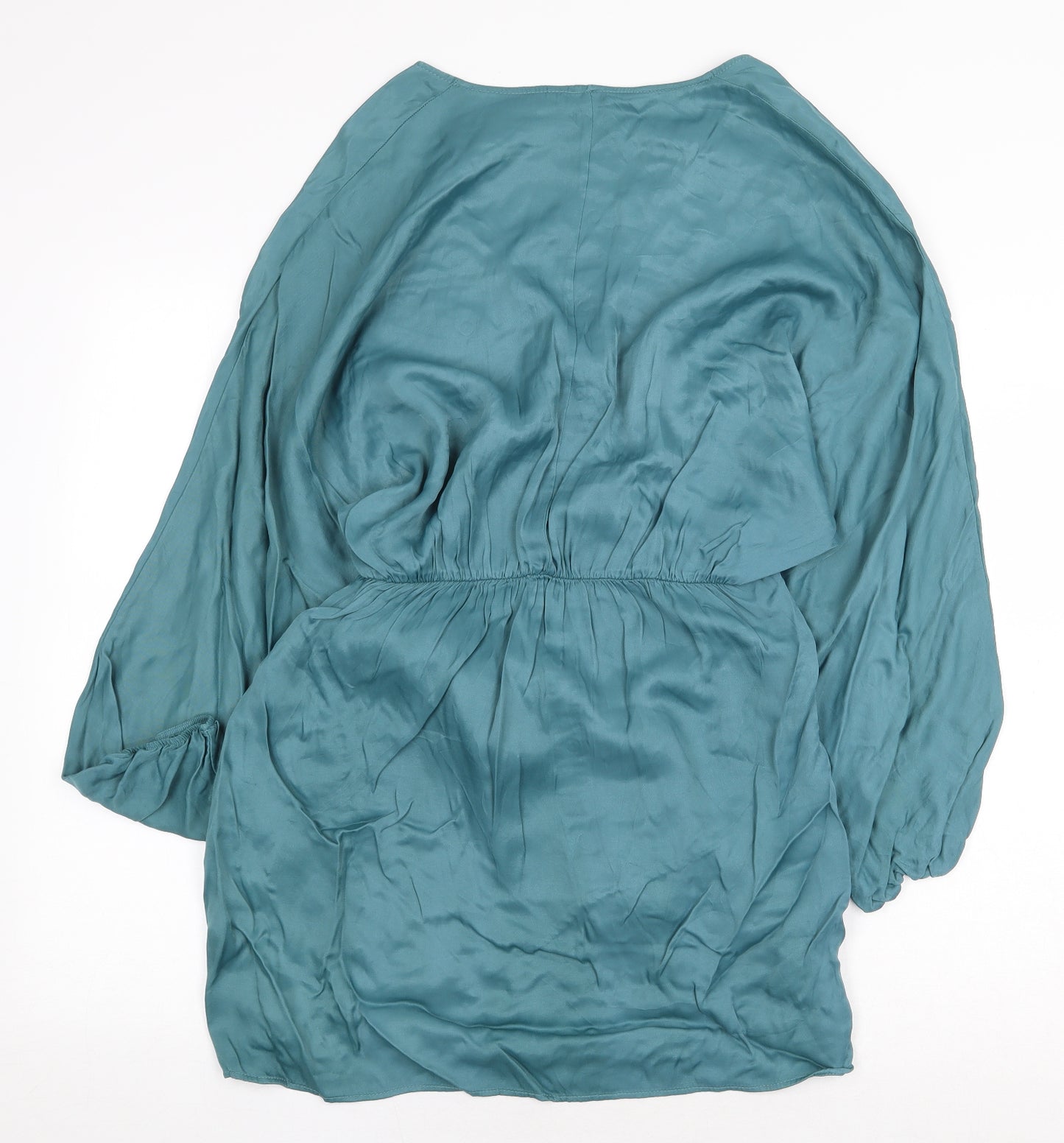 Zara Womens Green Viscose Sheath Size L V-Neck Tie - Tie Side Detail