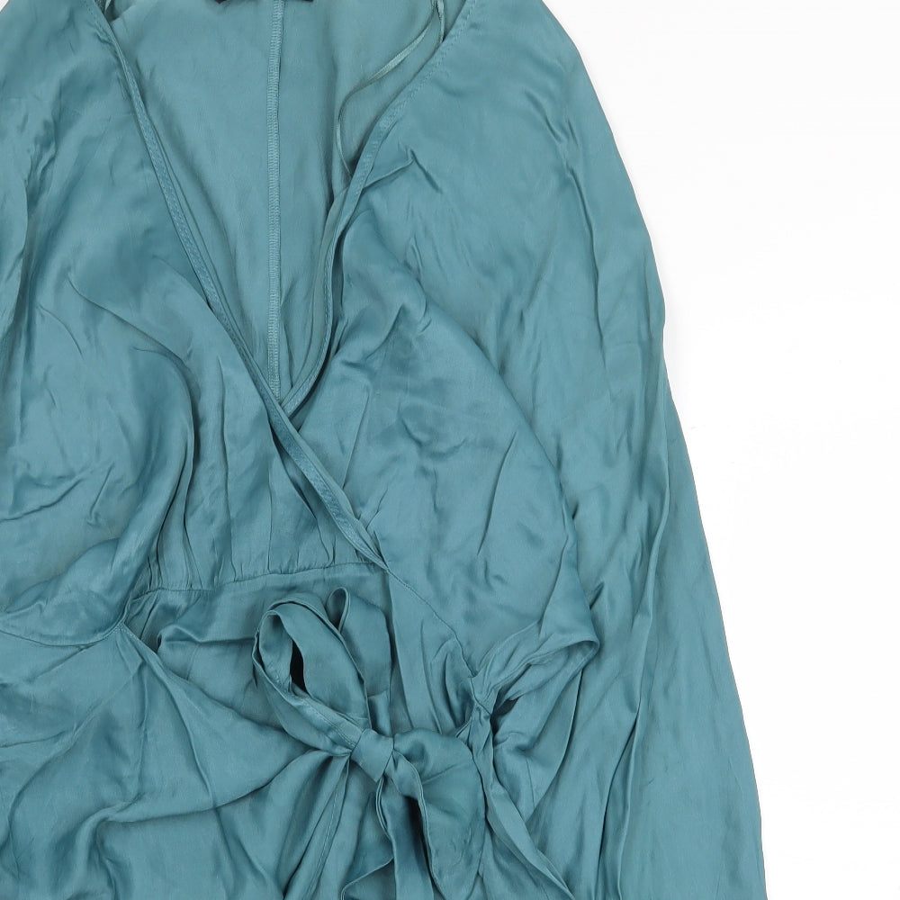 Zara Womens Green Viscose Sheath Size L V-Neck Tie - Tie Side Detail