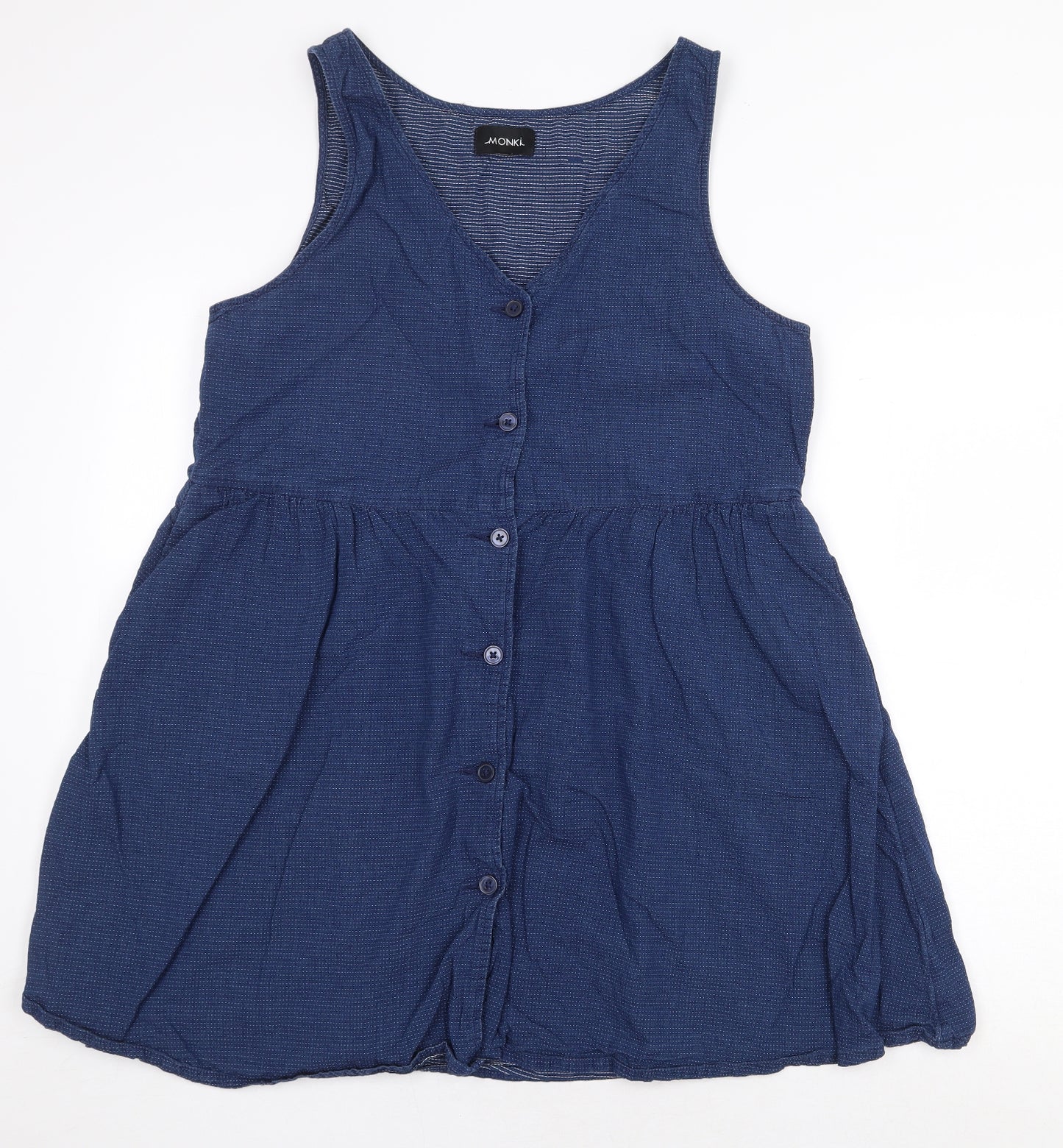 Monkl Womens Blue 100% Cotton Tank Dress Size L V-Neck Button