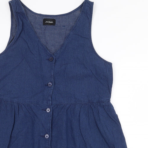 Monkl Womens Blue 100% Cotton Tank Dress Size L V-Neck Button