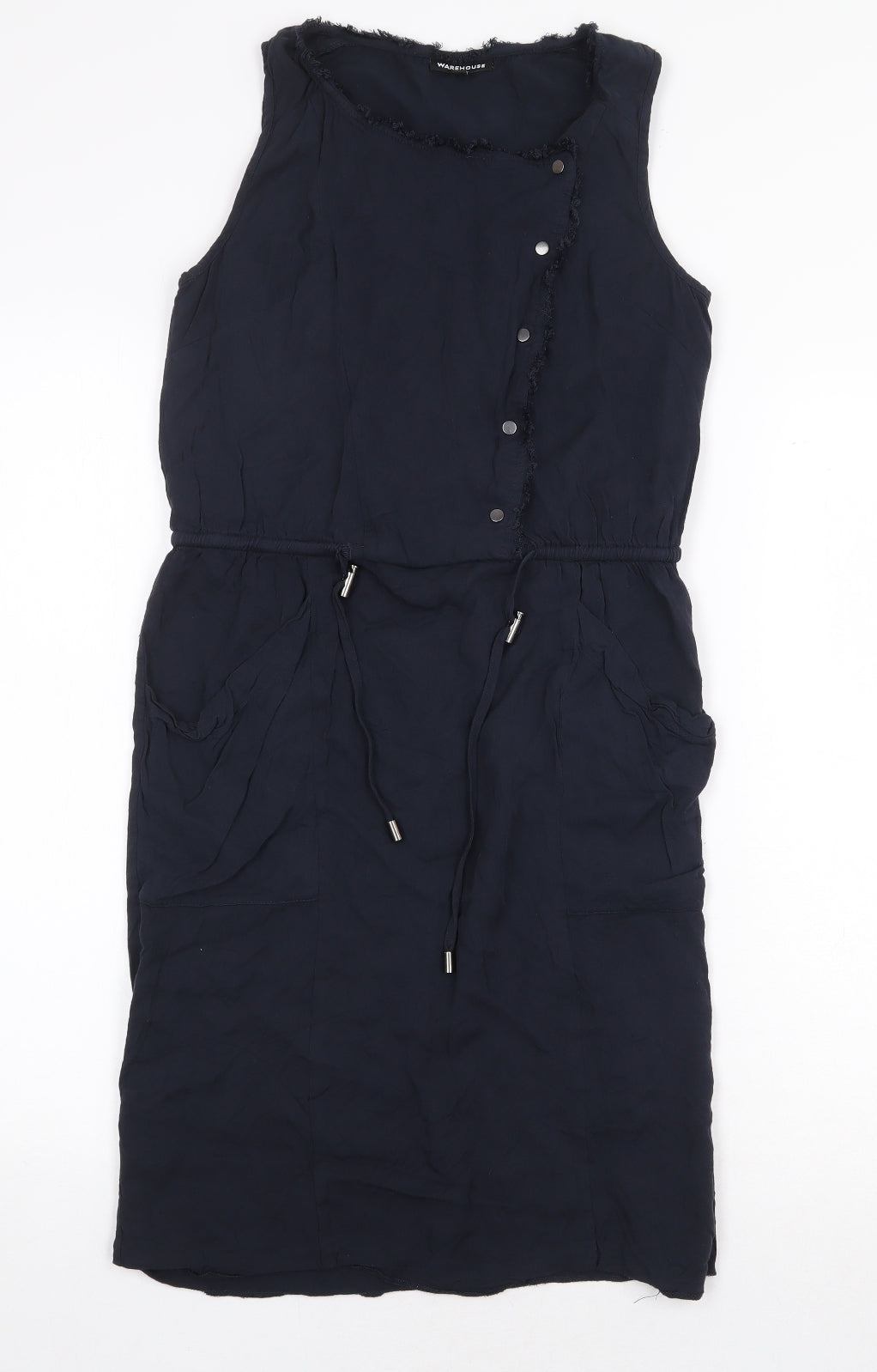 Warehouse Womens Blue Viscose Pencil Dress Size 10 Boat Neck Snap
